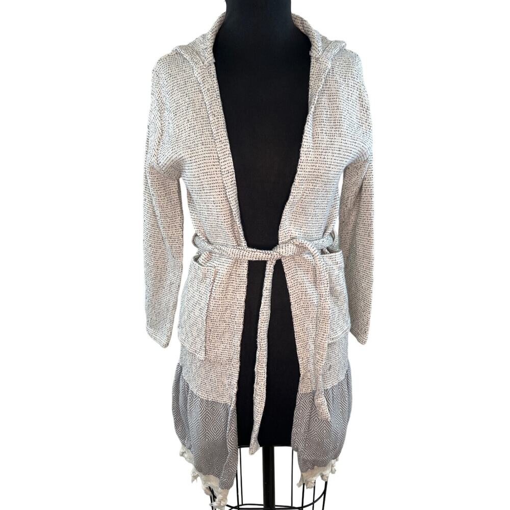 Mellow Gray Long Sleeve Organic Cotton Fringe Hem Tie Waist Cardigan Sweater M